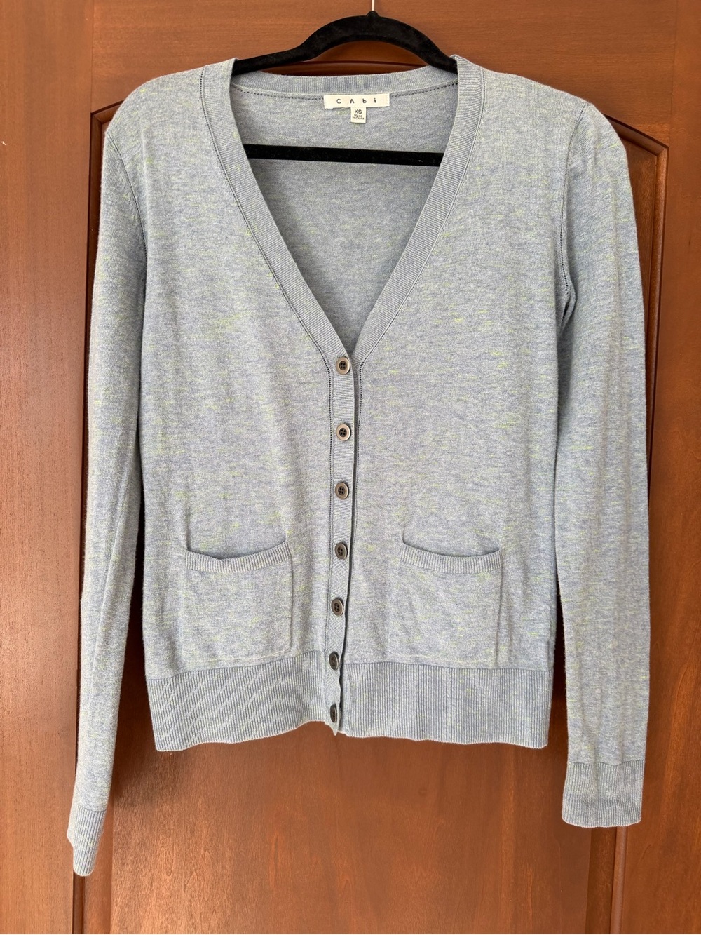 Cabi light blue with small neon specks Cardigan Size XS Like New